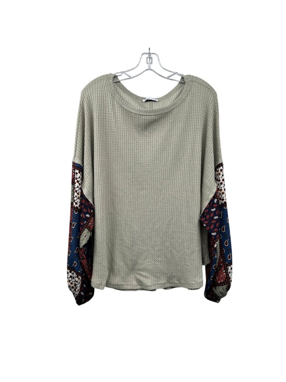 Allie Rae Womens Oversized Waffle Knit Top Long Print Sleeve Green/Multi M